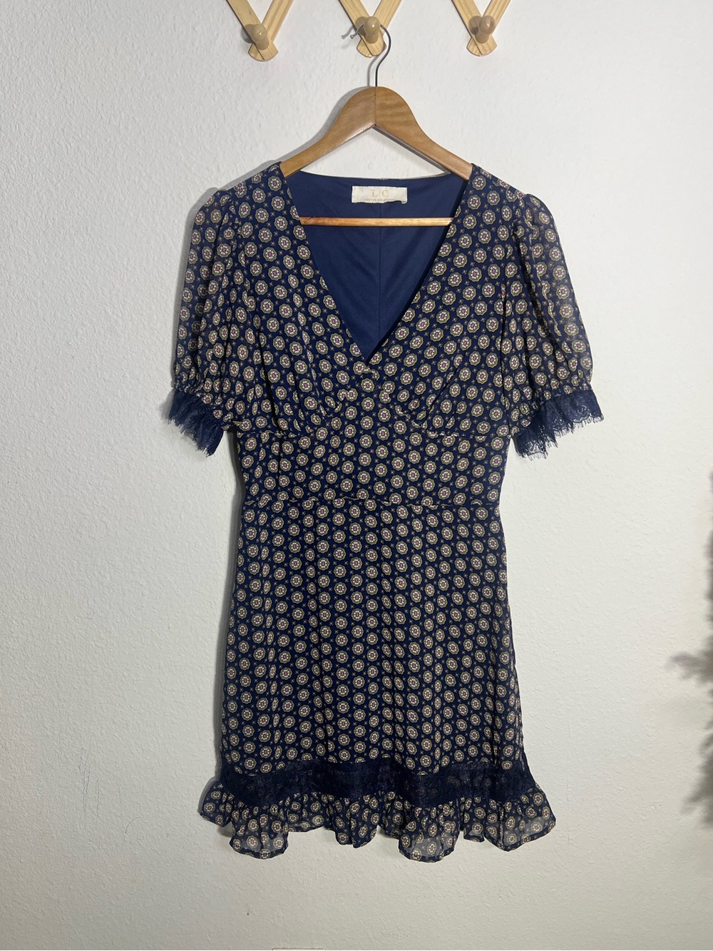 LIZETTE COLLECTION • navy blue mini dress, puff sleeves & lace ruffled hemlines